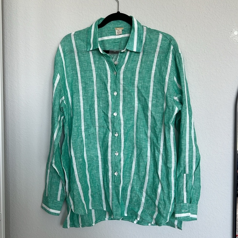 Magaschoni Green Striped Linen Button Down Long Sleeve Shirt